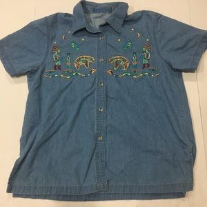 Vintage Aztec Style Embroidered Denim Shirt